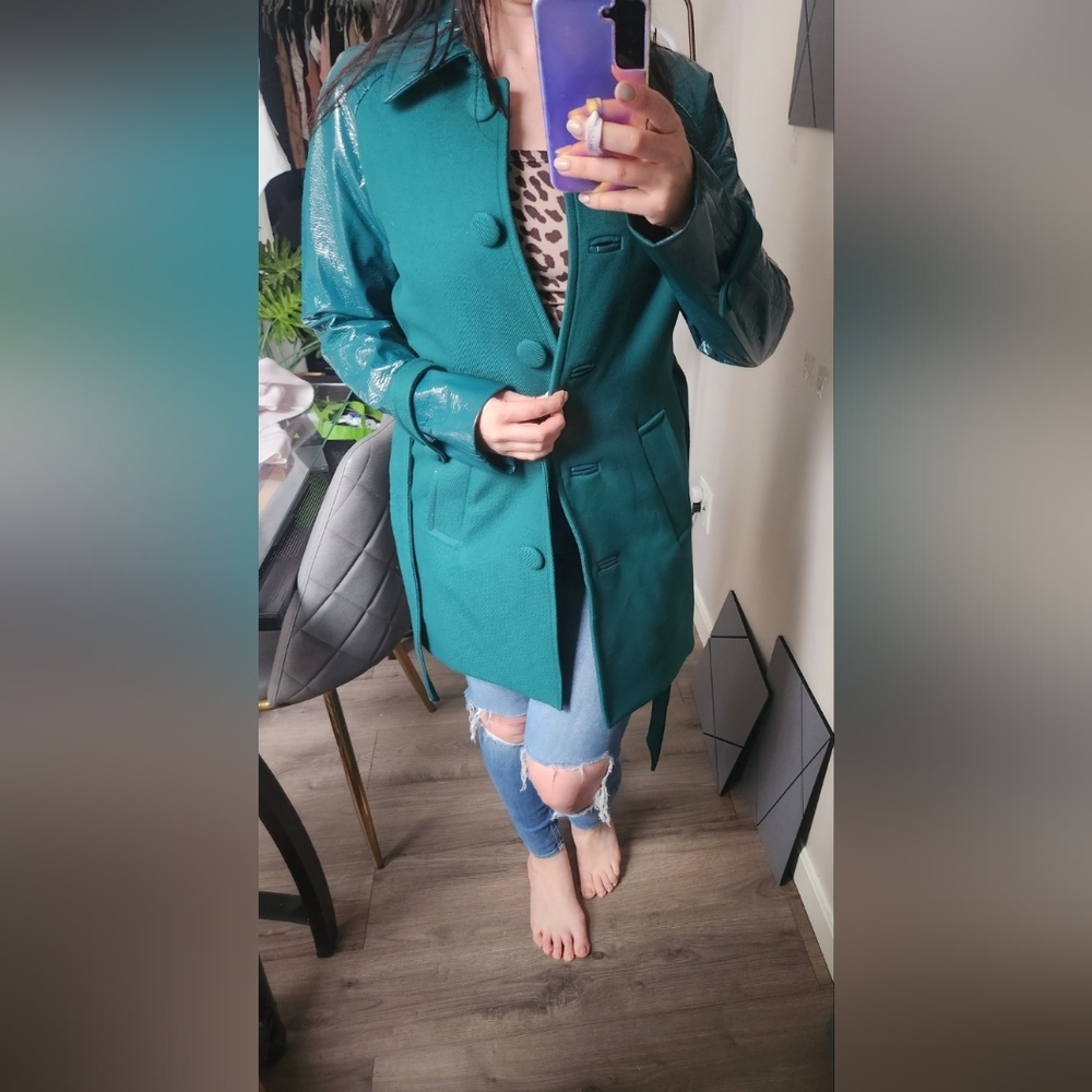 Express GREEN LEATHER sleeves TRENCH-COAT size‎ small S